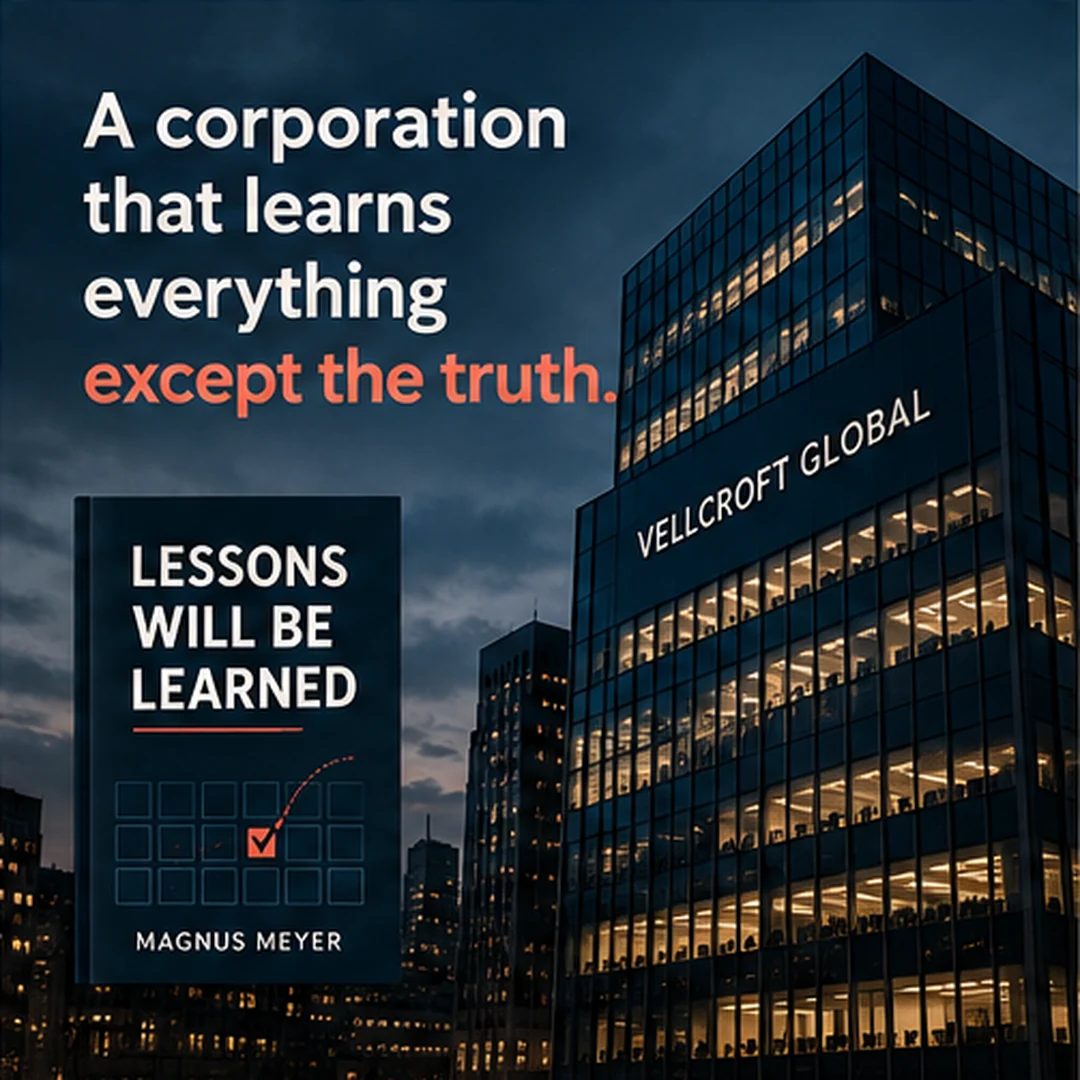 Promotional illustration of the fictional Vellcroft Global building and Lessons Will Be Learned book